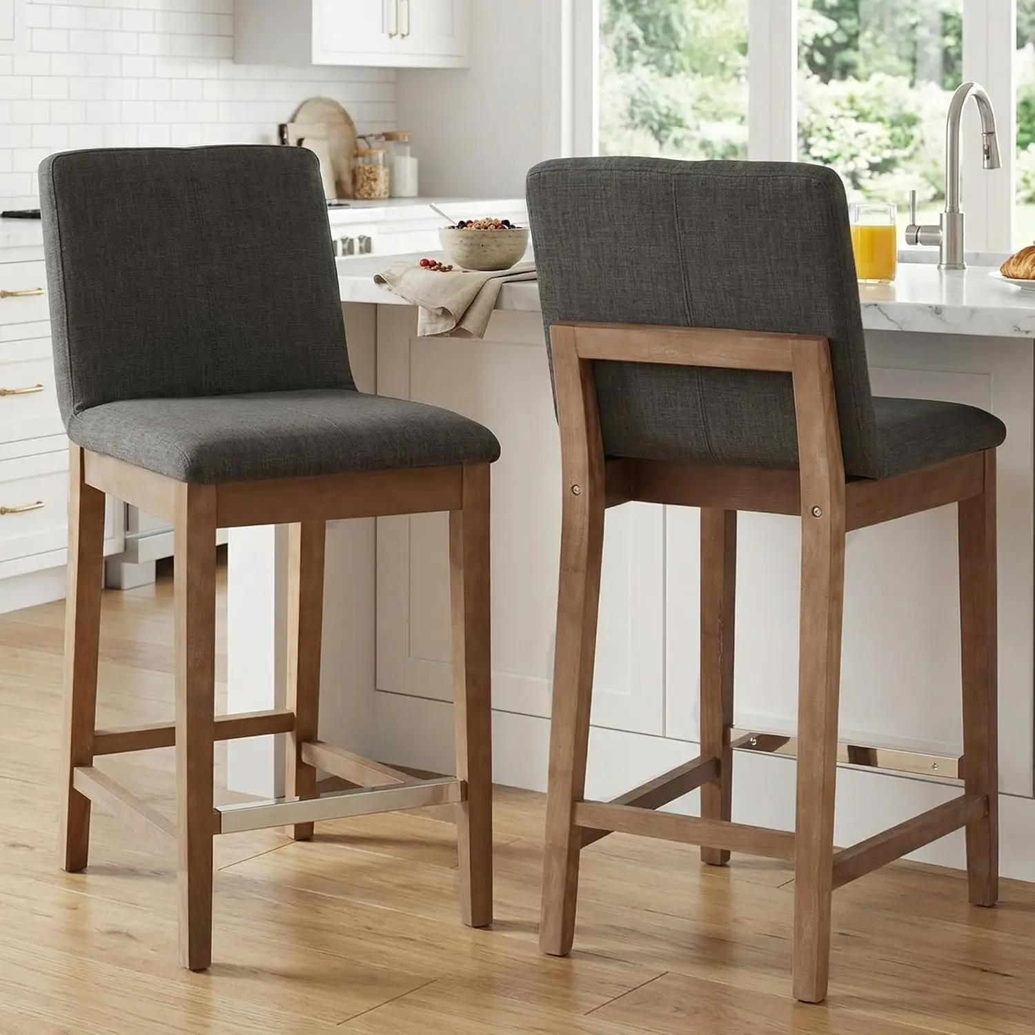 

26in Counter Height Bar Stools Set 2 Linen Upholstered Back Distressed Wood Legs Mid Century Kitchen Home Patio, Customized