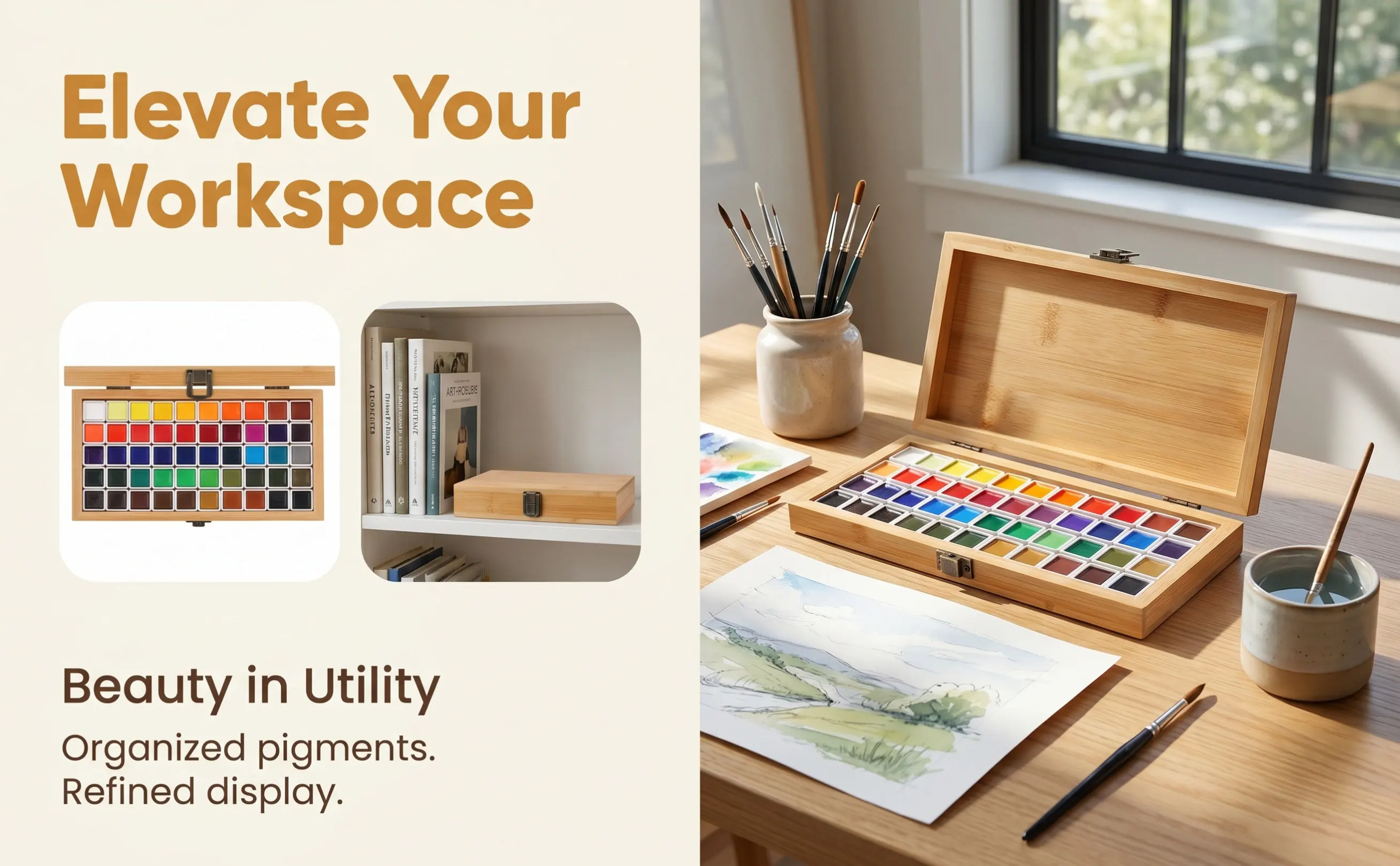 Bamboo Watercolor Mixing Palette with 48 Grids Compact Portable Color Organizer for Travel Sketching Empty Watercolor Case