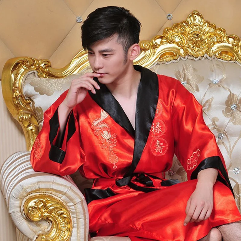 Robe Men Chinese Style Embroidered Dragon Kimono Night Dress Long Sleepdress Night Gown Cardigan Robe Bath V Neck Homewear