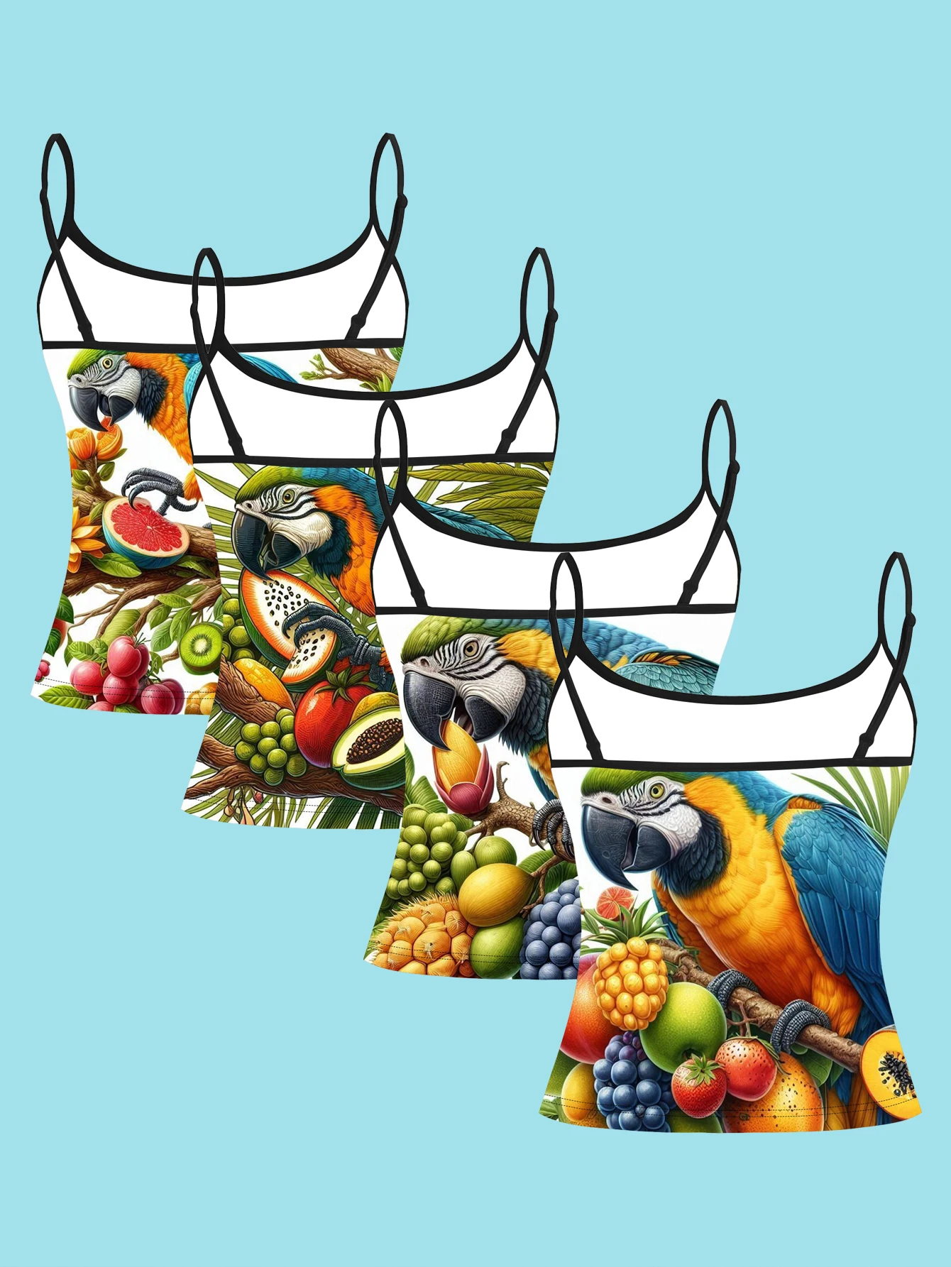4-Piece Set of Colorful Fruit-Themed Suspenders with Pineapple and Grape Parrot Patterns for Women, Slim-Fit Inner Wear