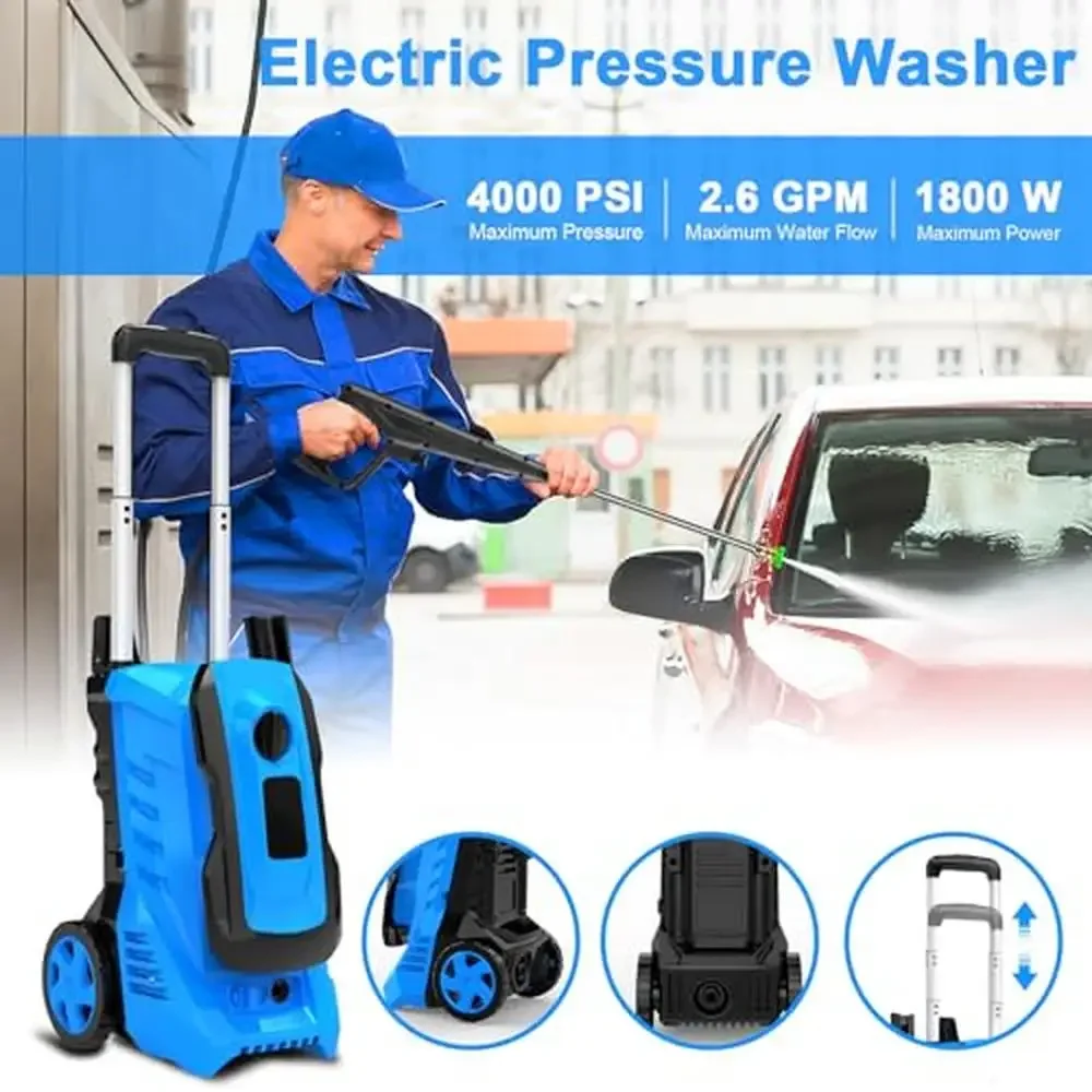 Electric Power Washer 4500 PSI High Pressure Cleaner 1800W Motor 25FT Hose 4 Nozzles Foam Cannon 16.4FT Cord GFCI Easy Assembly