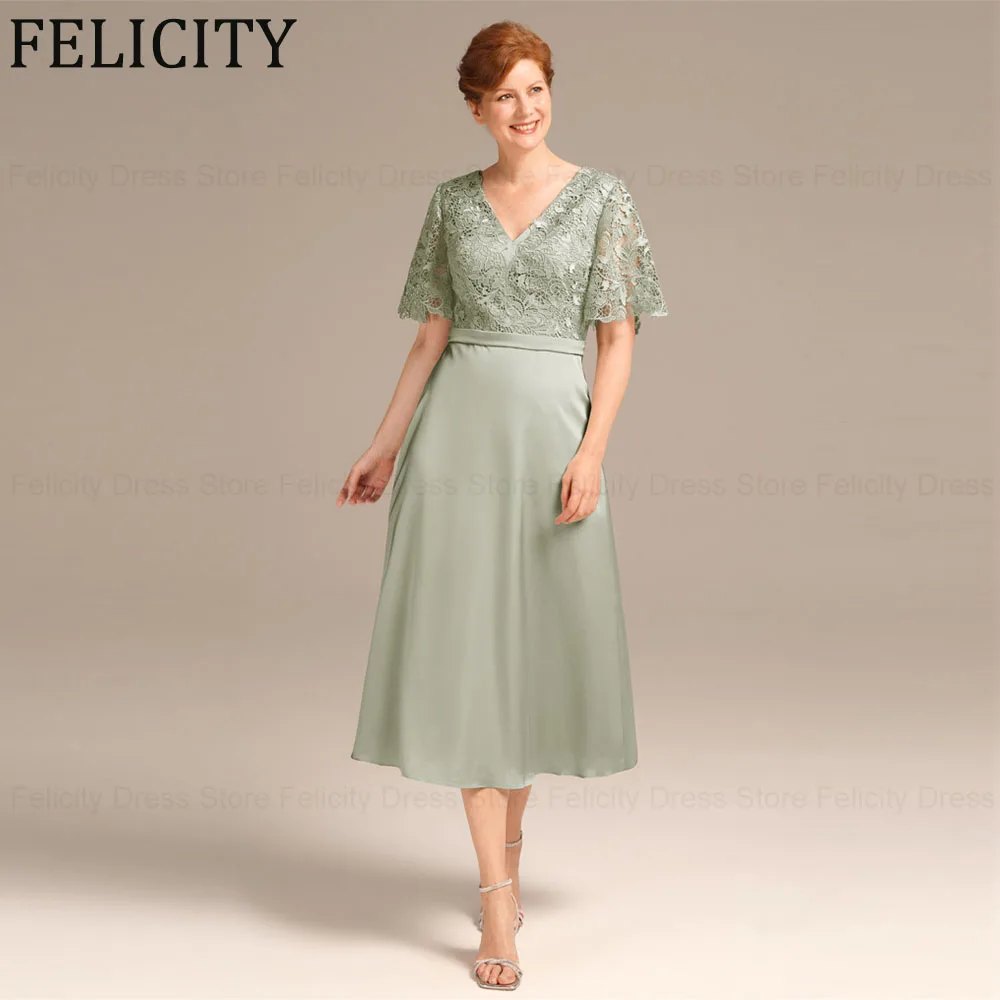 

Sage Green Classic Mother of the Bride Dresses 2024 A-Line V-Neck Formal Wedding Guest Dresses Lace Tea-Length Prom Evening Gown