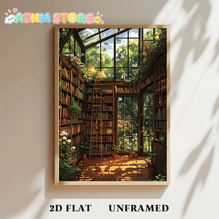 2027 1pc Vintage Greenhouse Library Canvas Print Wall Art - Cozy Bookshelf with Lush Greenery & Sunlit Ambiance, Unframed 2D