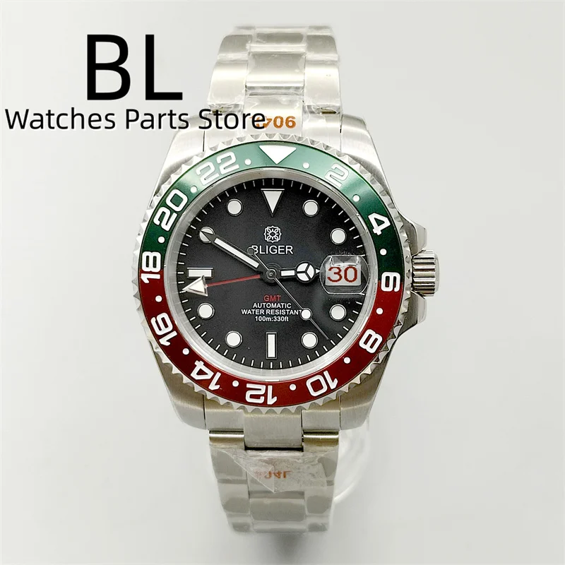 BLIGER 40mm Luxury 120 Clicks Rotating Green Red Bezel NH34 GMT Men Mechanical Watches AR Coating Sapphire Glass C3 Luminou10Bar