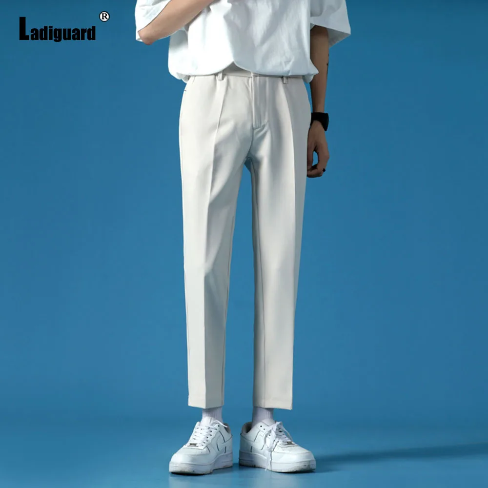 

French 2024 Young Men's Stand Pocket Elegant Suit Pencil Pants Solid White Formal Party Trousers Mens Fashion Basic Suit Pants