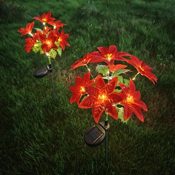 ソーラークリスマスフラワーランプ LED 暖かい光ファッション赤い装飾花ポインセチア庭の芝生ランプホリデークリスマスライト