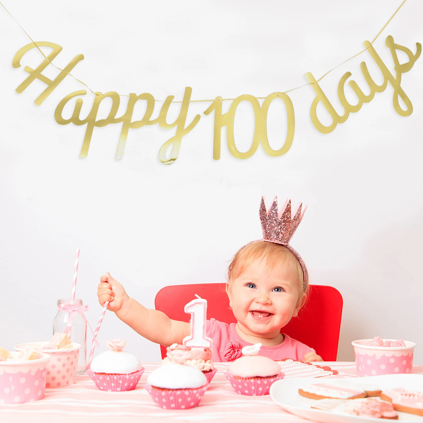 

3 Pcs Baby Shower Banner Happy 100 Days Pull Flag Decor Gloss Paper Hanging Bunting Party Supply Reusable