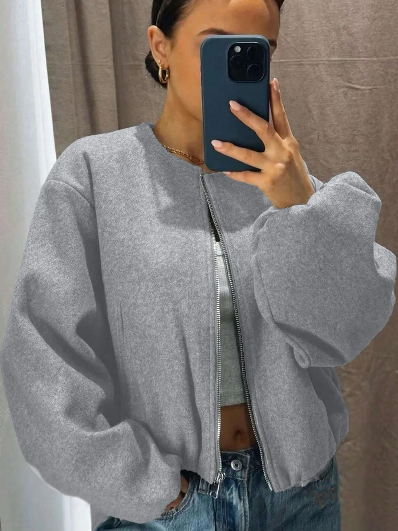 코트 솔리드 지퍼 가디건 여성용 O넥 재킷 긴 소매 스플라이스 포켓 루즈핏 가을 2025 캐주얼 약간의 신축성