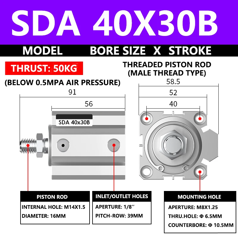 ABILKEEN SDA40X30B SDA Series Thin Air Cylinder 40MM Male Thread Bore X 30MM Stroke Double Acting Pneumatic Compact Cylinder