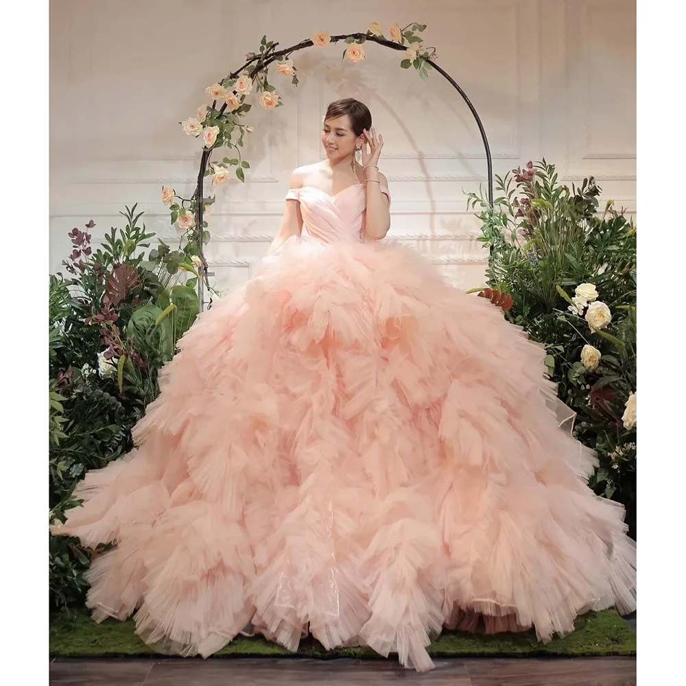 Pink Off-Shoulder Ball Gowns Wedding Dress Fashion Ruffled Tiered Pleat Court Train Evening Dress Floor Length Prom Party Dress