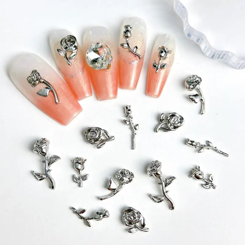 20pcs Metal Alloy Rose Flowers Nail Charms Stereo Retro Silver Flowers Nail Art Decoration Accessories for Acrylic Nail DIY