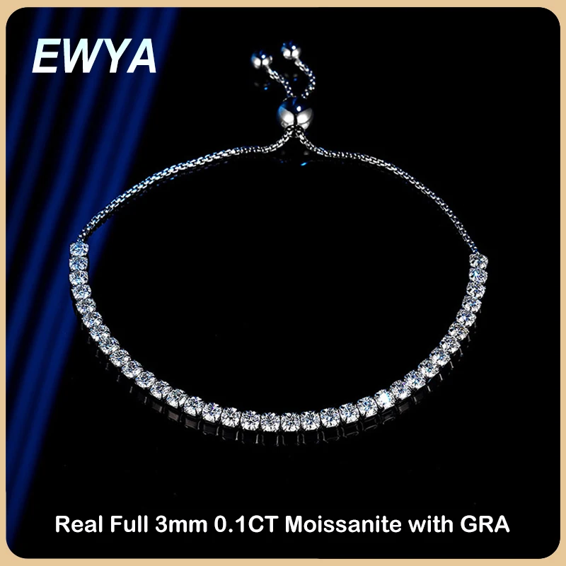 EWYA 100% Real 3mm 0.1CT Full Moissanite Diamond Tennis Bracelet For Women 925 Silver Plated 18K Adjustable Link Chain Bracelets