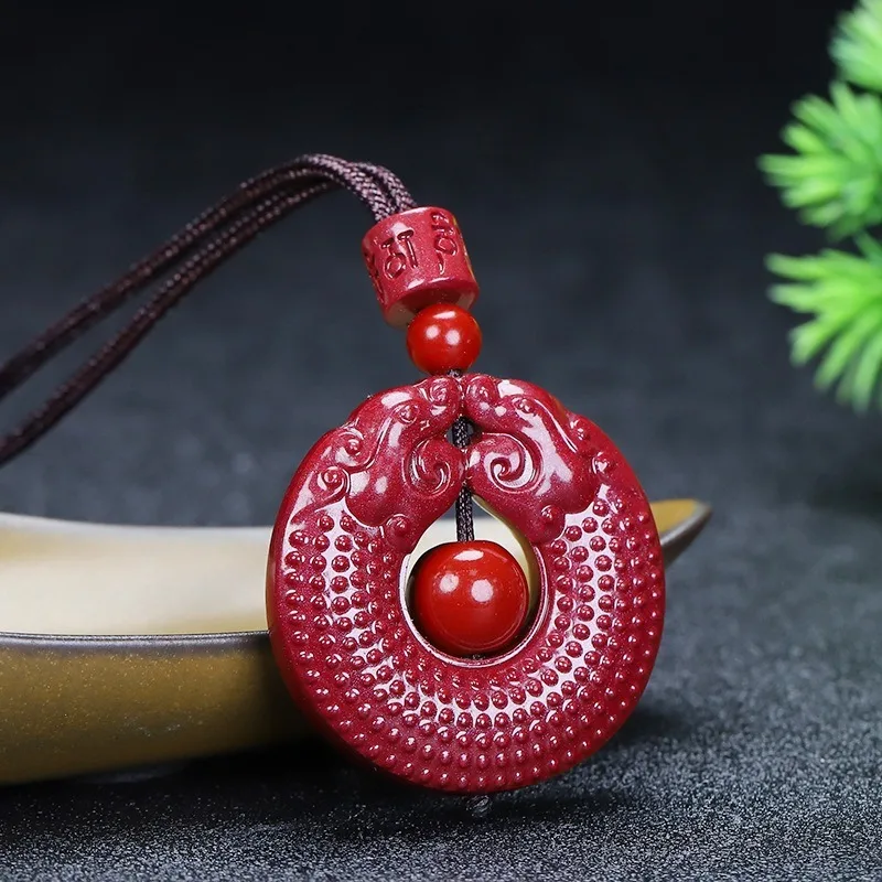 Natural Cinnabar Double Dragon Protects Master Rotating Lucky Pendant Necklace Grade Red Sand Amulet Good Fortune Safety Wealth