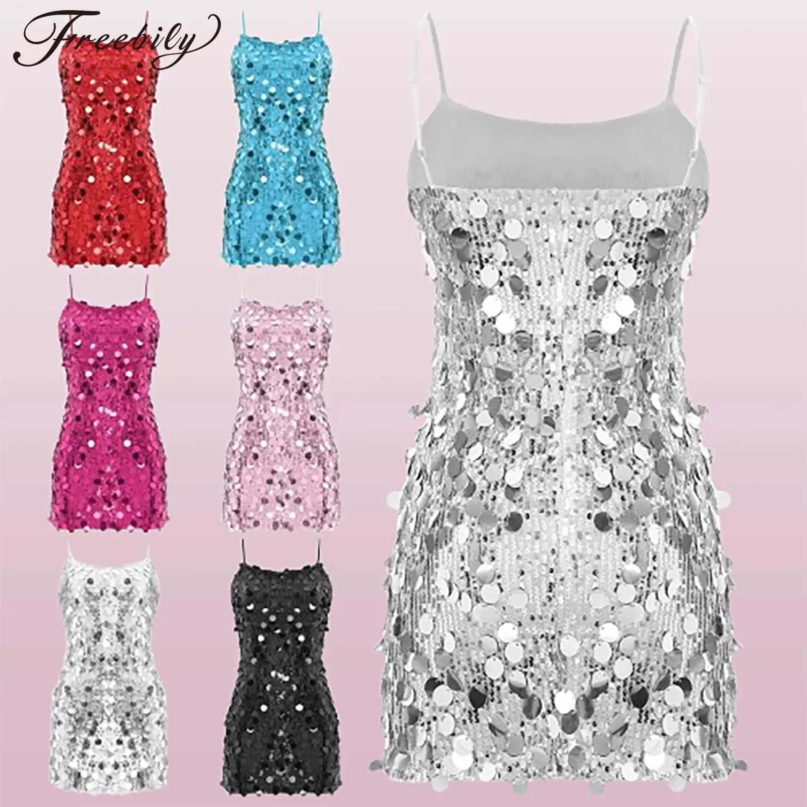 Women Sparkle Sequins Mini Camis Dress Spaghetti Straps Vestido Music Festival Clubbing Bodycorn Dress Cocktail Party Club Gown