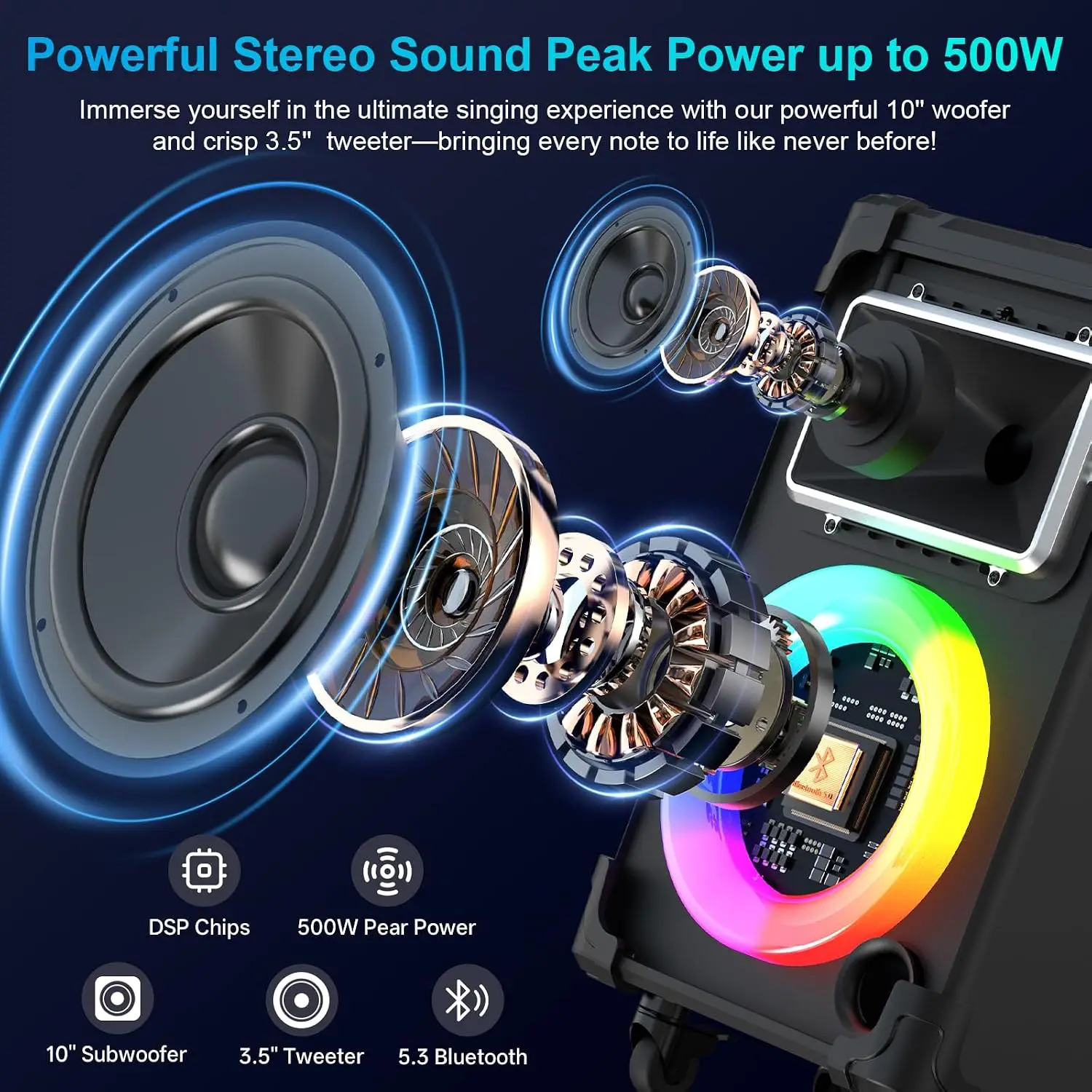 Large Portable Bluetooth Karaoke PA System with 2 Wireless Microphones, 10-Inch Woofer, 500W Peak Power, Bass/Treble Controls, Remote, LED Lighting, Rolling Wheels & Trolley