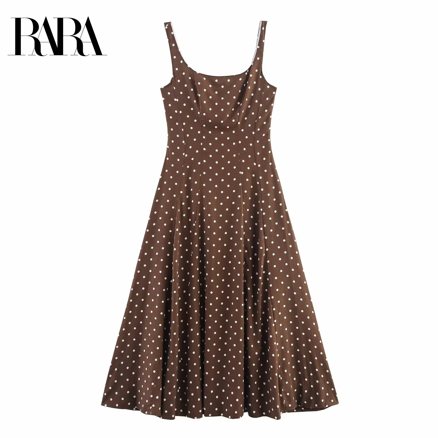 

RARA Women's Summer New Polka Dot Print Casual Elegant Square Neck Sleeveless Wide - Strap Mid - length Linen Dress