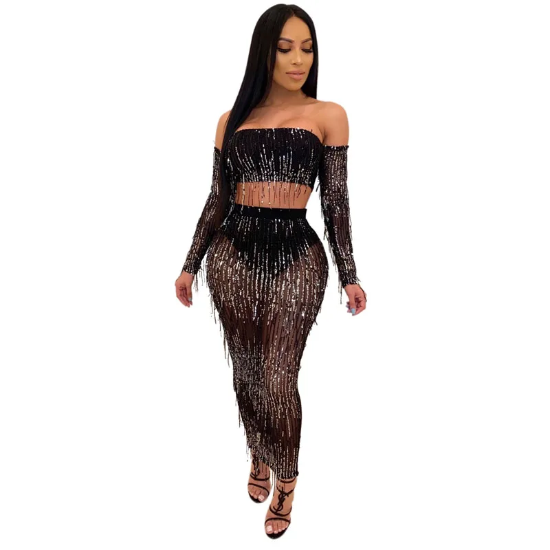 Sequined Tassel Two Piece Set Women Mesh See Through Festival Clothing Strapless Crop Top Long Skirt Sexy Shining Party Club