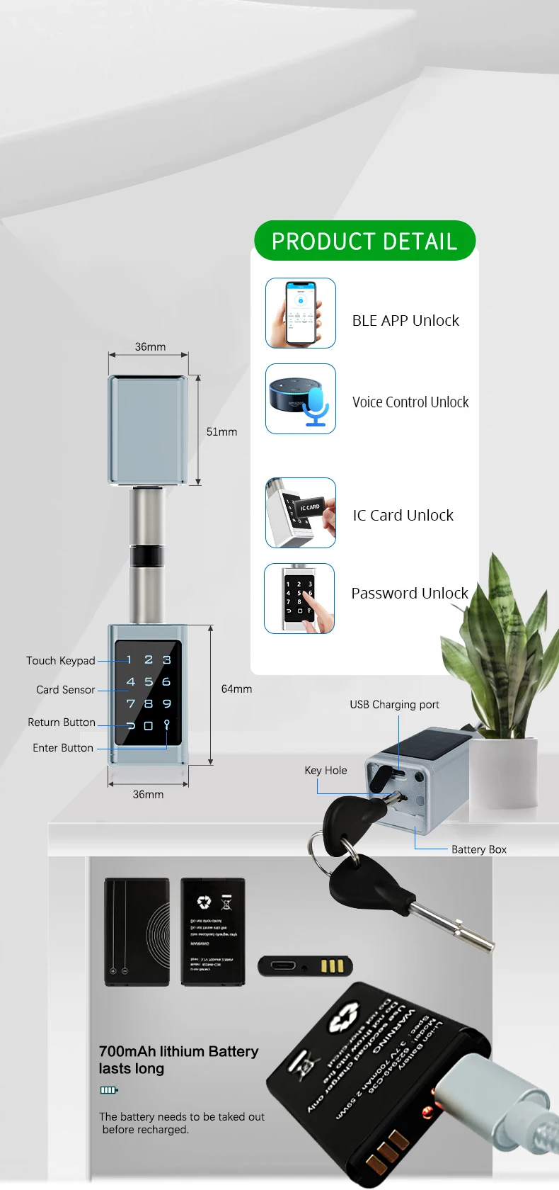 Imagem -03 - Euro Cilindro Tuya Door Lock Recharge Battery Pincode Phone App Apartamento Hotel Smart Ip65 Impermeável Ajustável