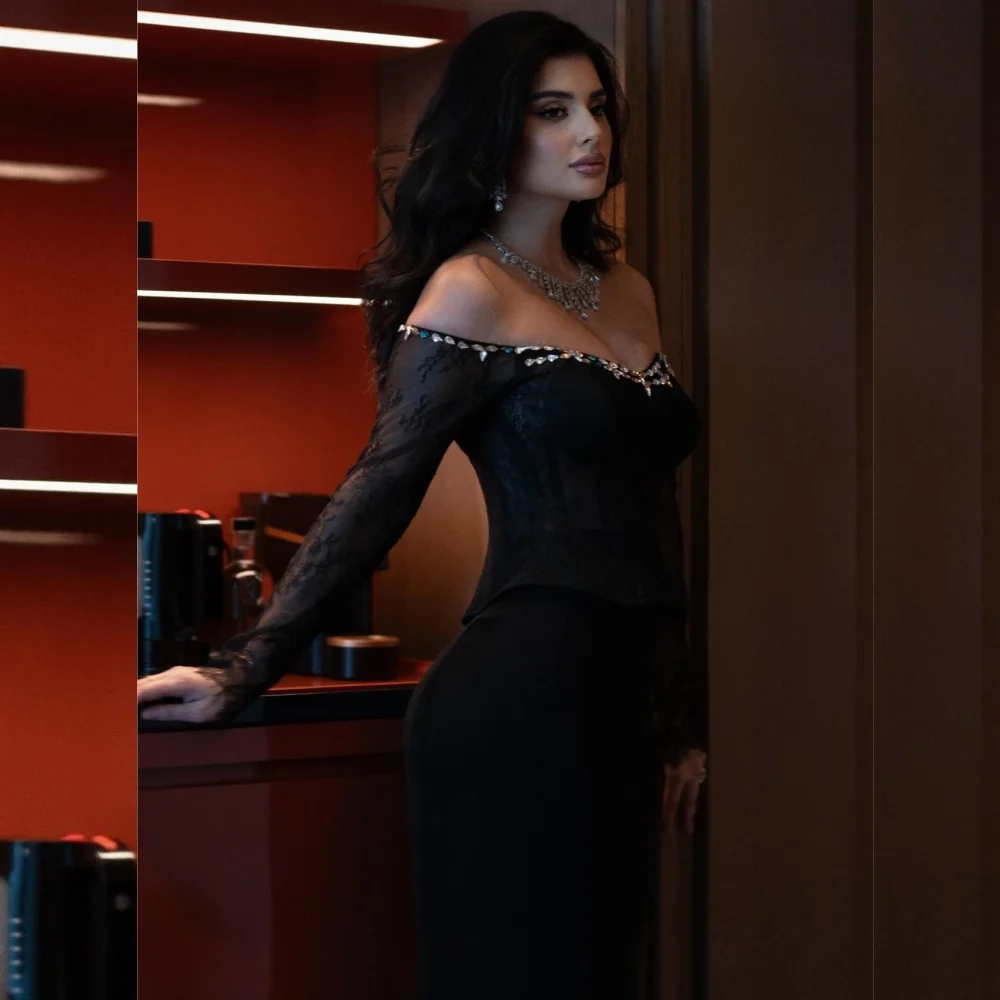 

Customized Chinese Style Jersey Sequined Pleat Trumpet Off-the-shoulder Long Dresses Bespoke Occasion Sexy