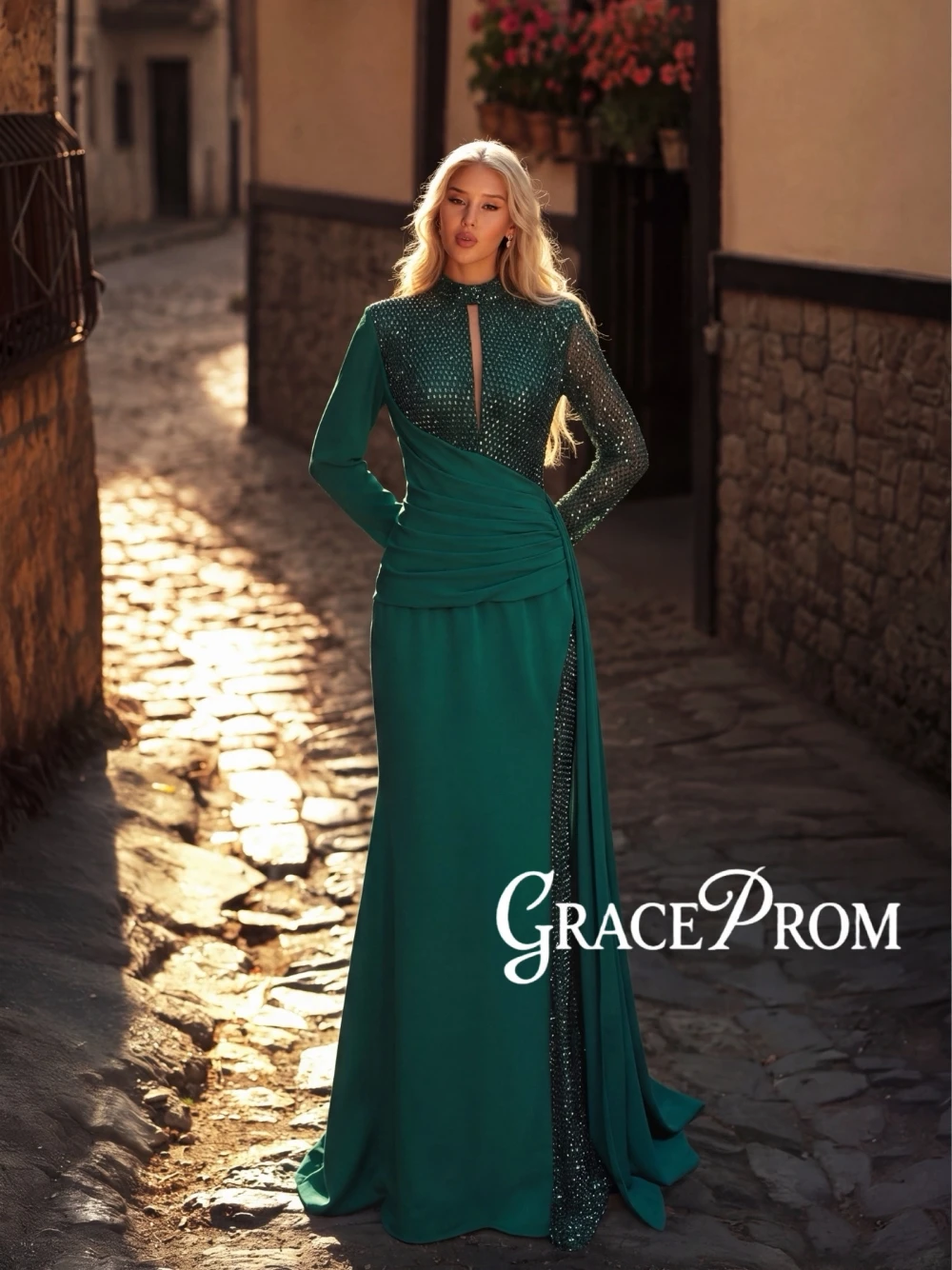Elegant Emerald Green Mermaid Evening Dress High Neck Keyhole Long Sleeve Beaded Sequin Draped Satin Muslim Prom Gown Customized