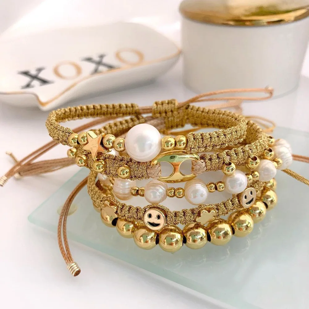 CCGOOD Handmade Braided Woven Pulseras Gold Color Thread Bracelets Natural Pearl Bracelet Smile Face Star Jewelry for Women