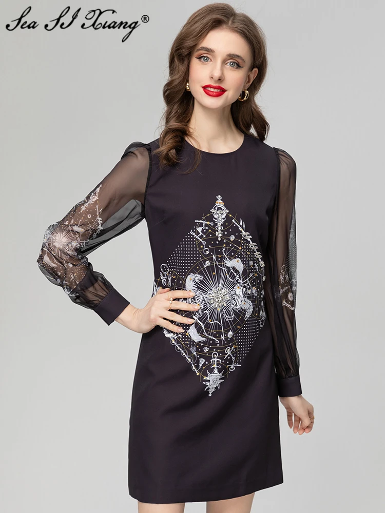 

Seasixiang Fashion Designer Spring Dress Women O-Neck Lantern Sleeve Crystal Diamonds Vintage Print Mini Dresses