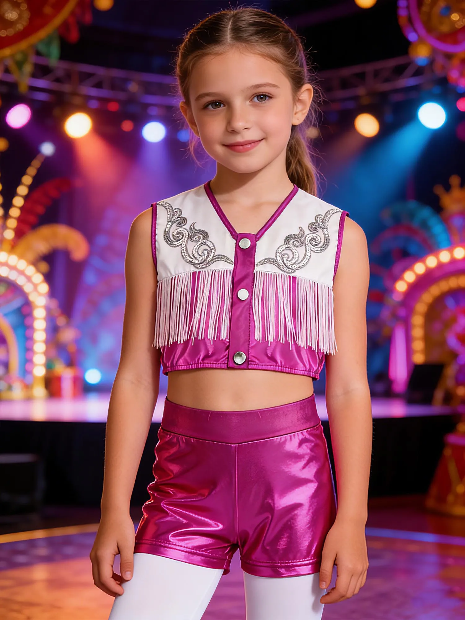 Kids Girls Western Cowboy Cheerleading Costume Sequins Metallic Sleeveless Fringed Crop Top with Shorts for Carnival Theme Party