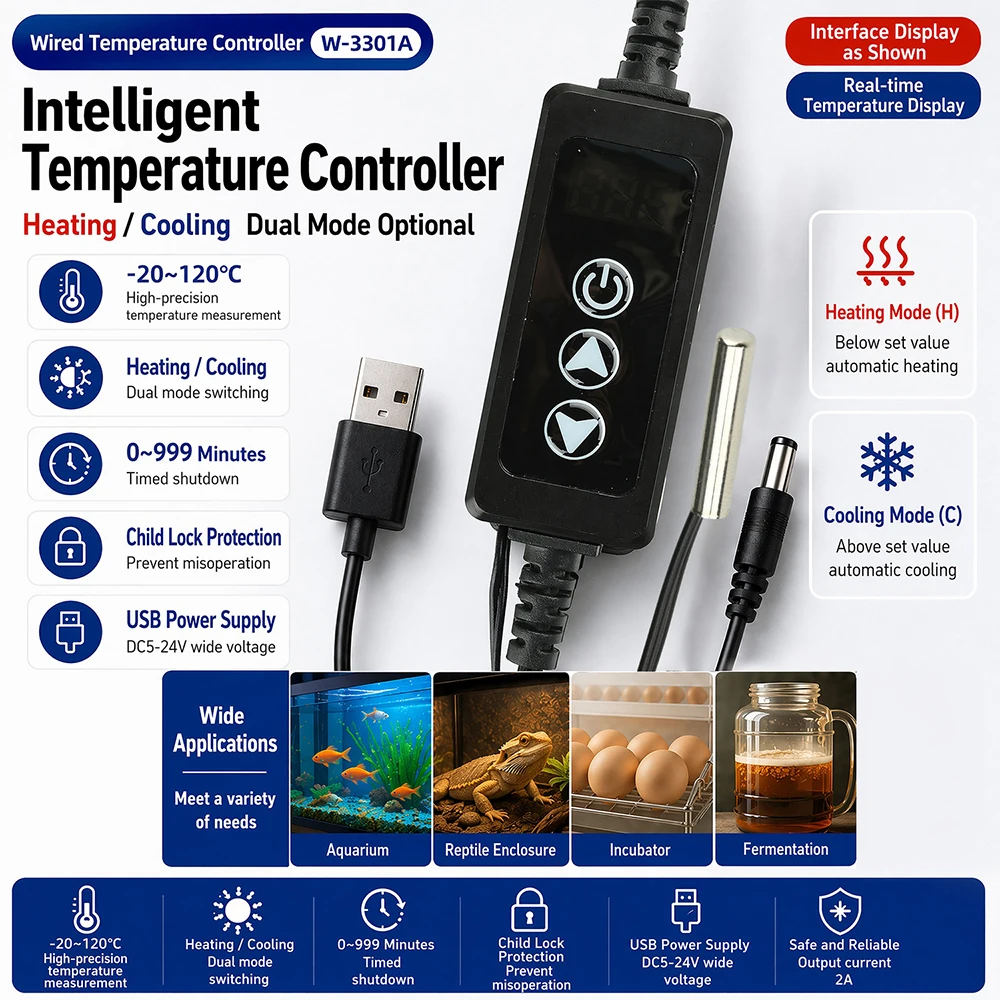 Intelligenter digitaler Temperaturregler W-3301A, Dual-Modus Heizung und Kühlung, Kindersicherung, präzise Klimasteuerung für Zuhause – Detail 3
