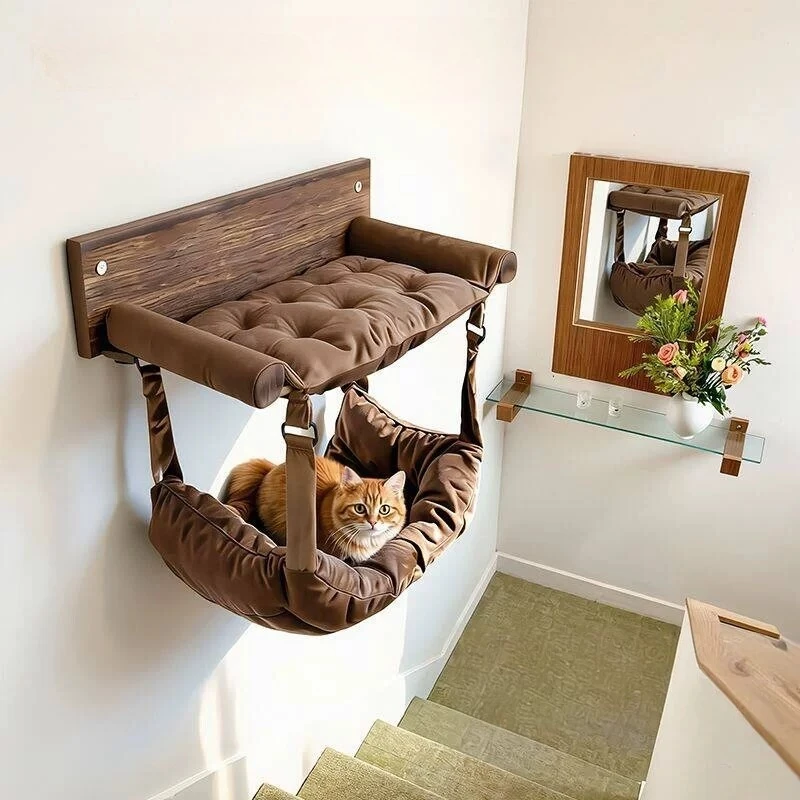 Wall Mount Cat Climbing Shelf, Solid Wood Cat Hammock Bed for Cat Rest & Play