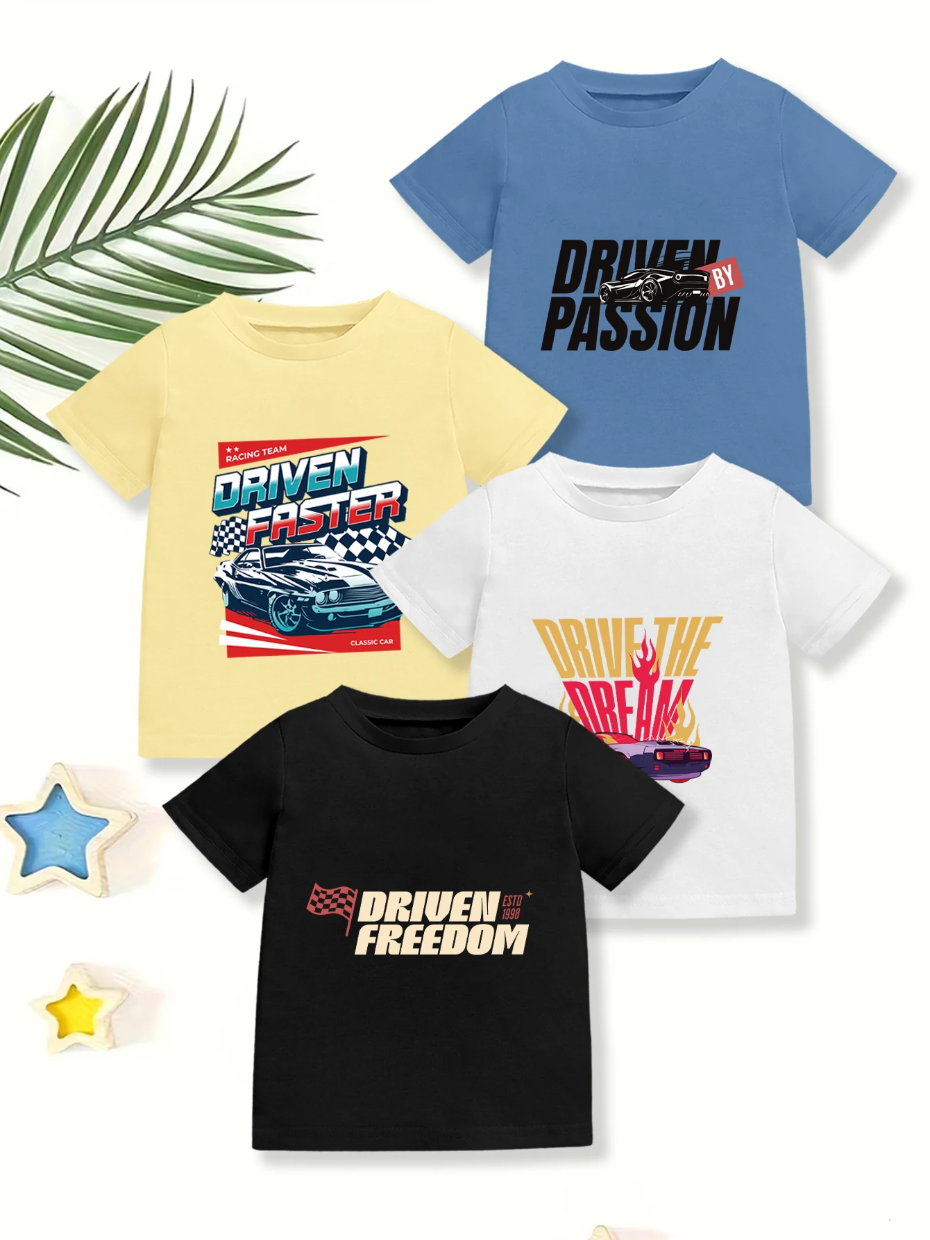 4 pieces: Boys Summer Casual T-shirt Cartoon Checkered Flag Vintage Sports Car English Print