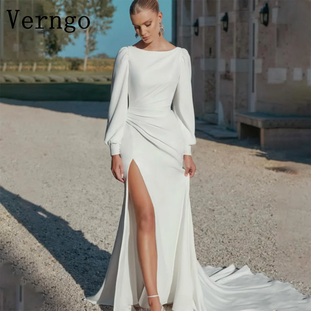 

Verngo lvory Wedding Dress 2024 Puff Long Sleeves Mermaid Bridal Gown Simple Side Slit Sweap Train Bride Dress