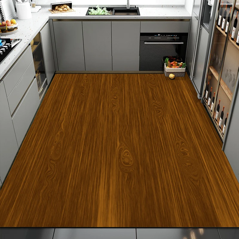 Wood Grain Pattern Kitchen Carpet Waterproof Oil-proof PVC Rug Light Luxury Anti-slip Anti-scratch Floor Mats Cutable Floor Mats