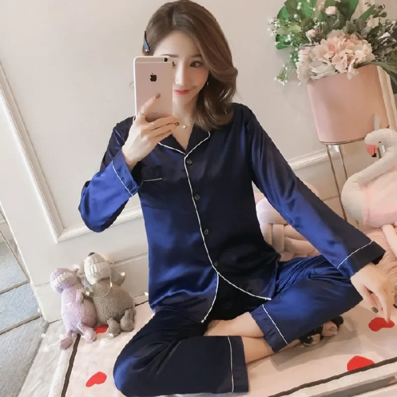 Silk Pajamas for Women 2023 Sexy Silk Women Pijama Sets Sleepwear Long-sleeve Cardigan Female Ice Silk Home Pijama Mujer Verano