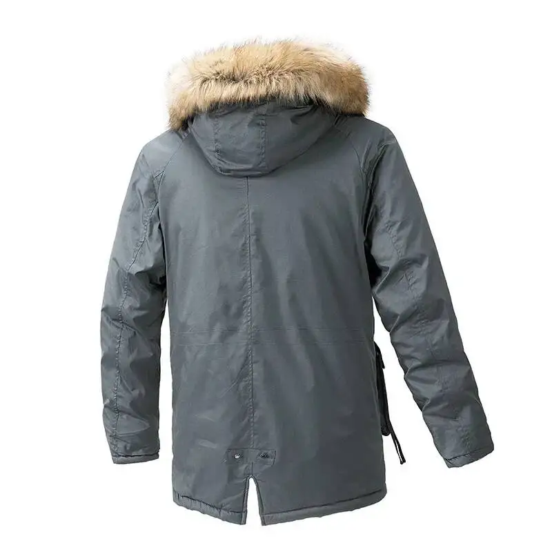 Men's Winter Long Cotton Jacket Hood Outdoor Warmth Fleece Pocket Middle-Length Coat With Fur Collar Casual Loose Fit
