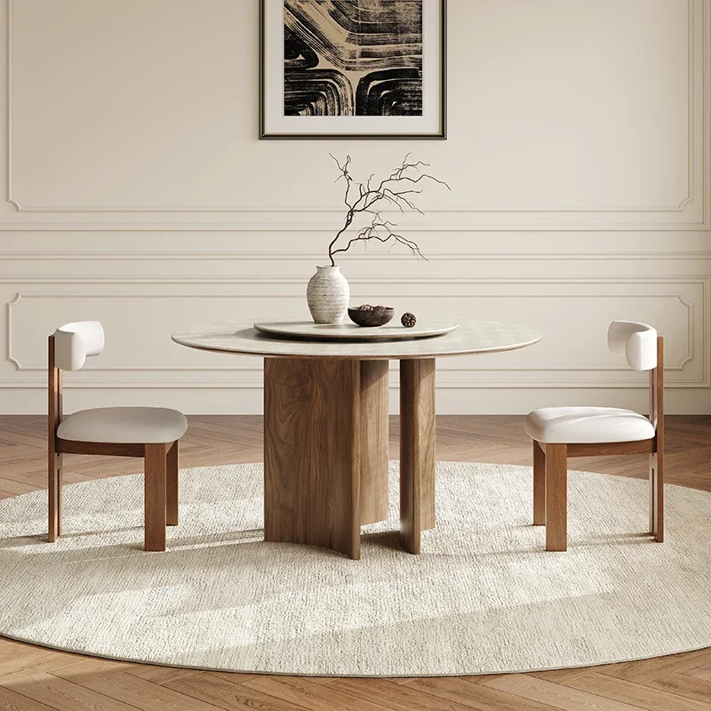 

French Retro Solid Wood Dining Furniture Combination Round Turntable Home Use Modern Simple Style Mesa Redonda Round Table