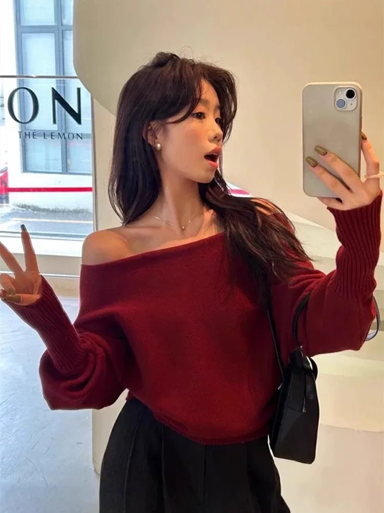 Knitted Sweater Women Pullovers New Long Sleeve Slash Neck Black Knit Sweater Pullover Women Tops Sweaters Women Clothing Q1476