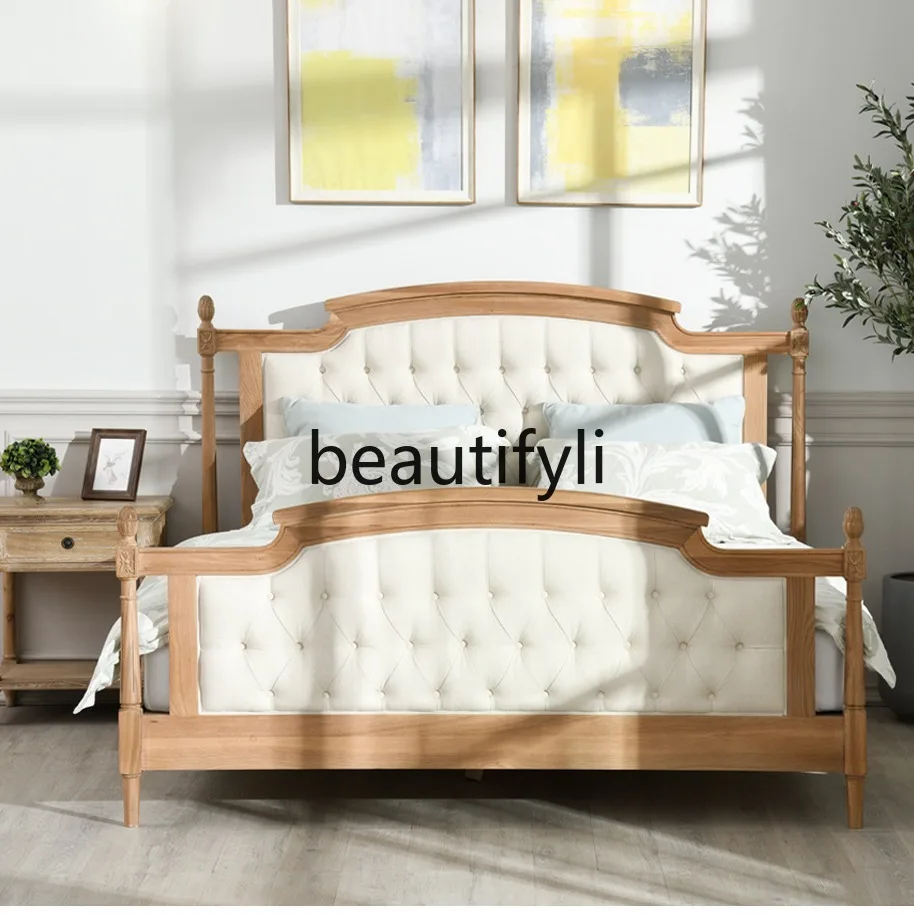 

American Country Style Solid Wood Bed High-Grade Gray Double Bed Master Bedroom Light Luxury Distressed Upholstered Wedding Bed