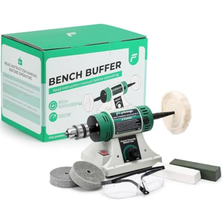 

Bench Buffer Polisher Jewelry Polisher Adjustable Variable Speed Bench Buffer with 2 Cotton Wheels 2 Fiber Wheels 1 Drill Chuck