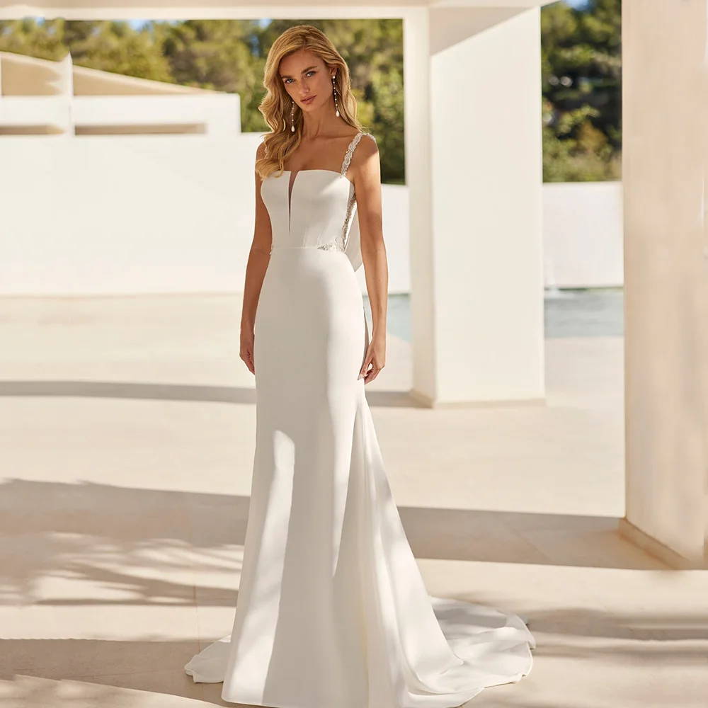 Gaun Pengantin Mermaid 2025 Tali Spaghetti Berbahan Satin Elastis Berdetail Renda Vestidos De Novia Gaun Pengantin Sipil Dapat Disesuaikan