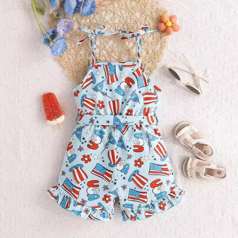 Macacão de camisola estampado infantil, macacão de sling infantil, roupa infantil, roupas de bebê menina, verão, dia dos veteranos, 1 a 5 anos