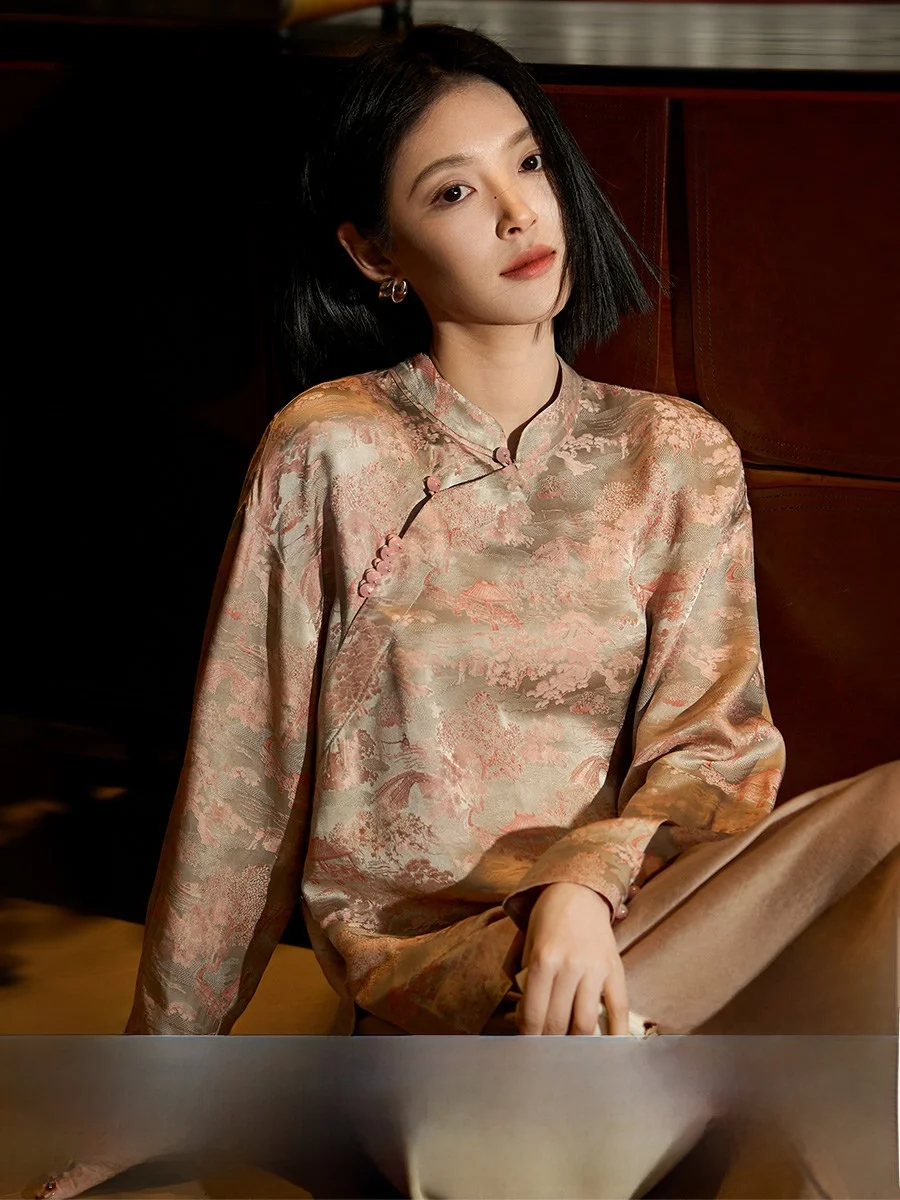 

New Chinese Sle Women's Long Sve Silk irt National Sle Small irt Silk New Middle-aged Spring Faion