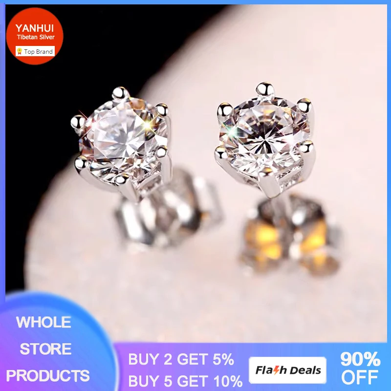 YANHUI Original Certified Tibetan Silver Earrings Not-Allergic Jewelry 1 Ct Zirconia Stud  Sterling Silver Earrings For Women