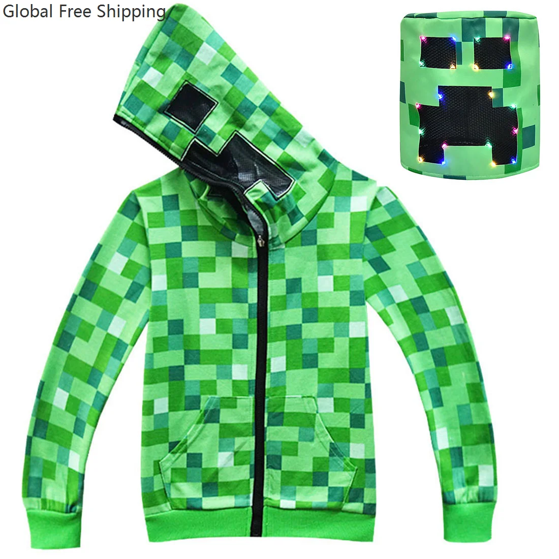 

Niño Halloween Blocky Crewboy Role Play Costume Fun Hooded Sweatshirt Birthday Party Jacket Green Plaid Cardigan Headgear Set