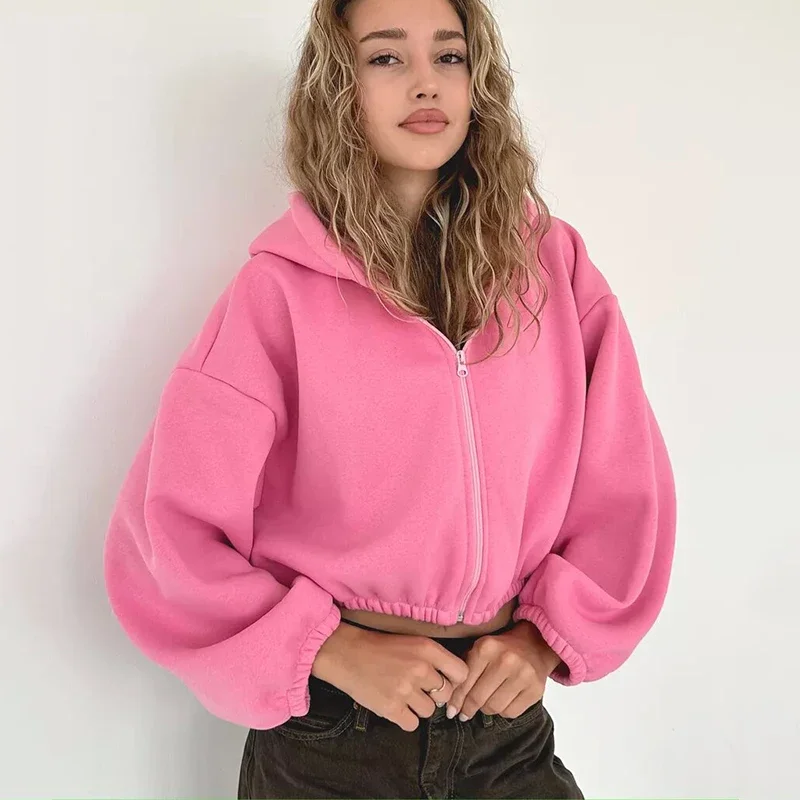Autumn Women\'s Fashion Short Jacket Y2k Solid Color Short Cardigan Zipper Hoodie Long Sleeve Loose Coat Women\'s Sweatshirt