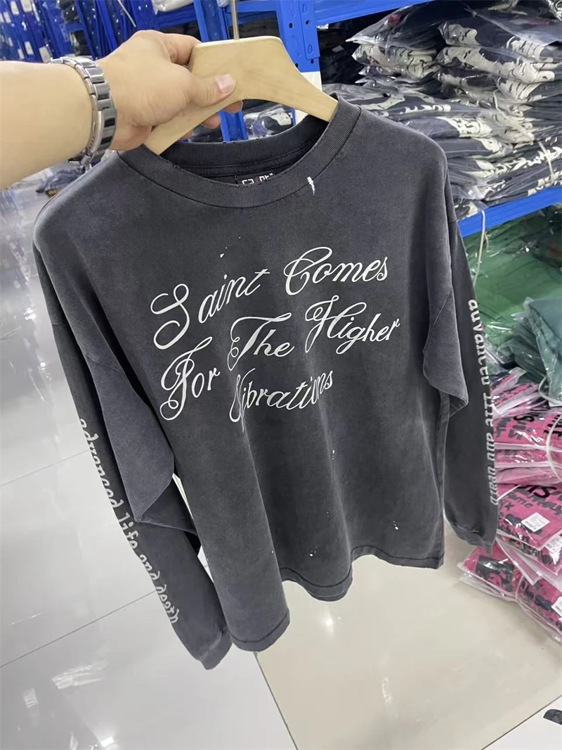 

New SAINT High-quality Letter Skull Pattern Printed Casual Street VTG Long Sleeved T-shirt Washed Versatile Pure Cotton