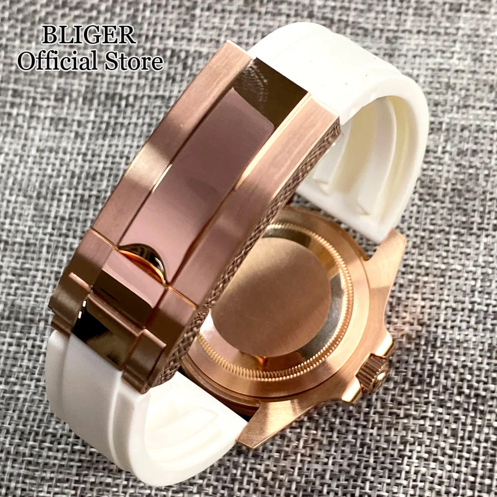 BLIGER Rose Gold NH35A PT5000 40mm Automatic Dive Watch Men Sapphire Glass Ceremic Insert White Rubber Strap Folding Buckle