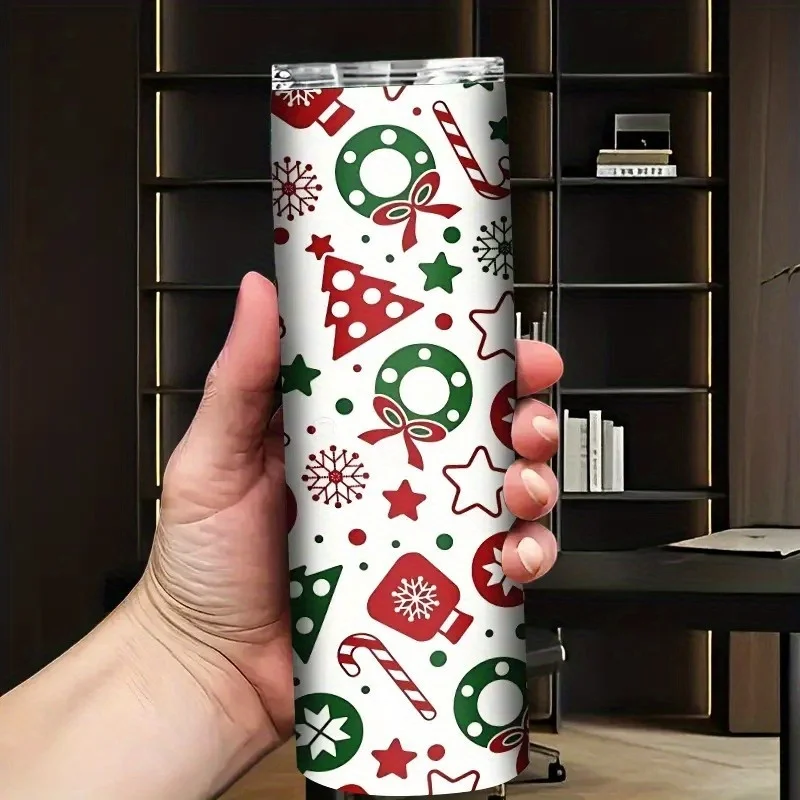 1pc Christmas Tumbler with Lid & Straw - 20oz Insulated Thermal Cup, Leakproof Travel Mug, Red & Green Holiday Design with Snowflakes, Candy Canes - Double-Wall Vacuum Insulation for Hot/Cold Drinks, Spill-Proof Lid - Ideal for Coffee, Tea, Office