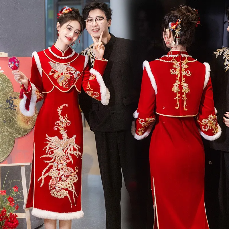 

New Chinese-style toasting cheongsam velvet wedding suit