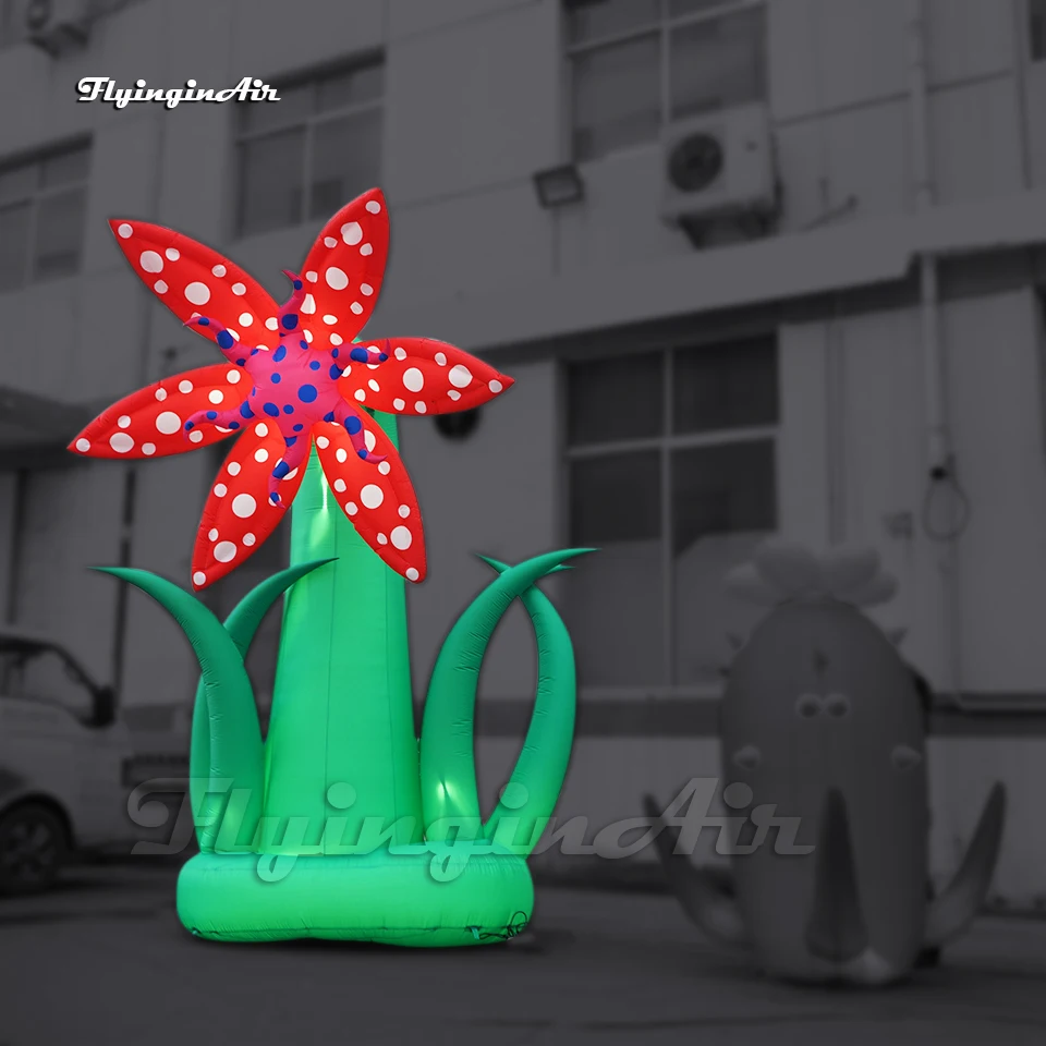 Fantastic Lighting Red Large Inflatable Flower Tree Landscape Plant With Green Grass For Jungle Party Event