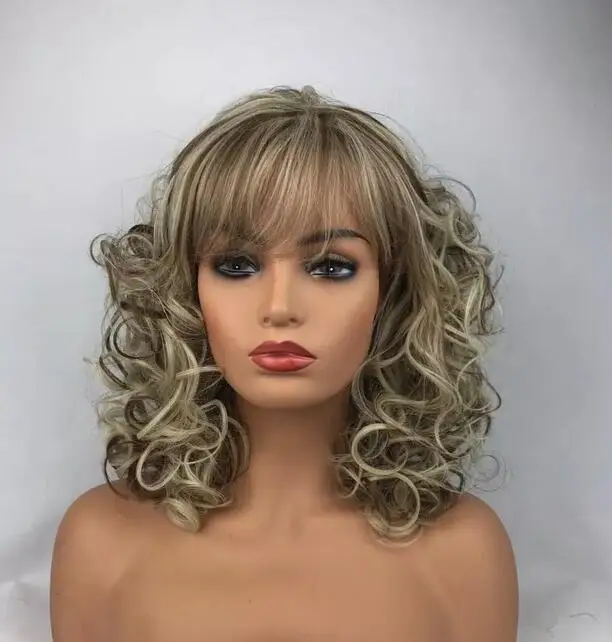 Wig rambut palsu wanita, Wig penuh + topi Wig keriting Medium campuran pirang coklat Wanita